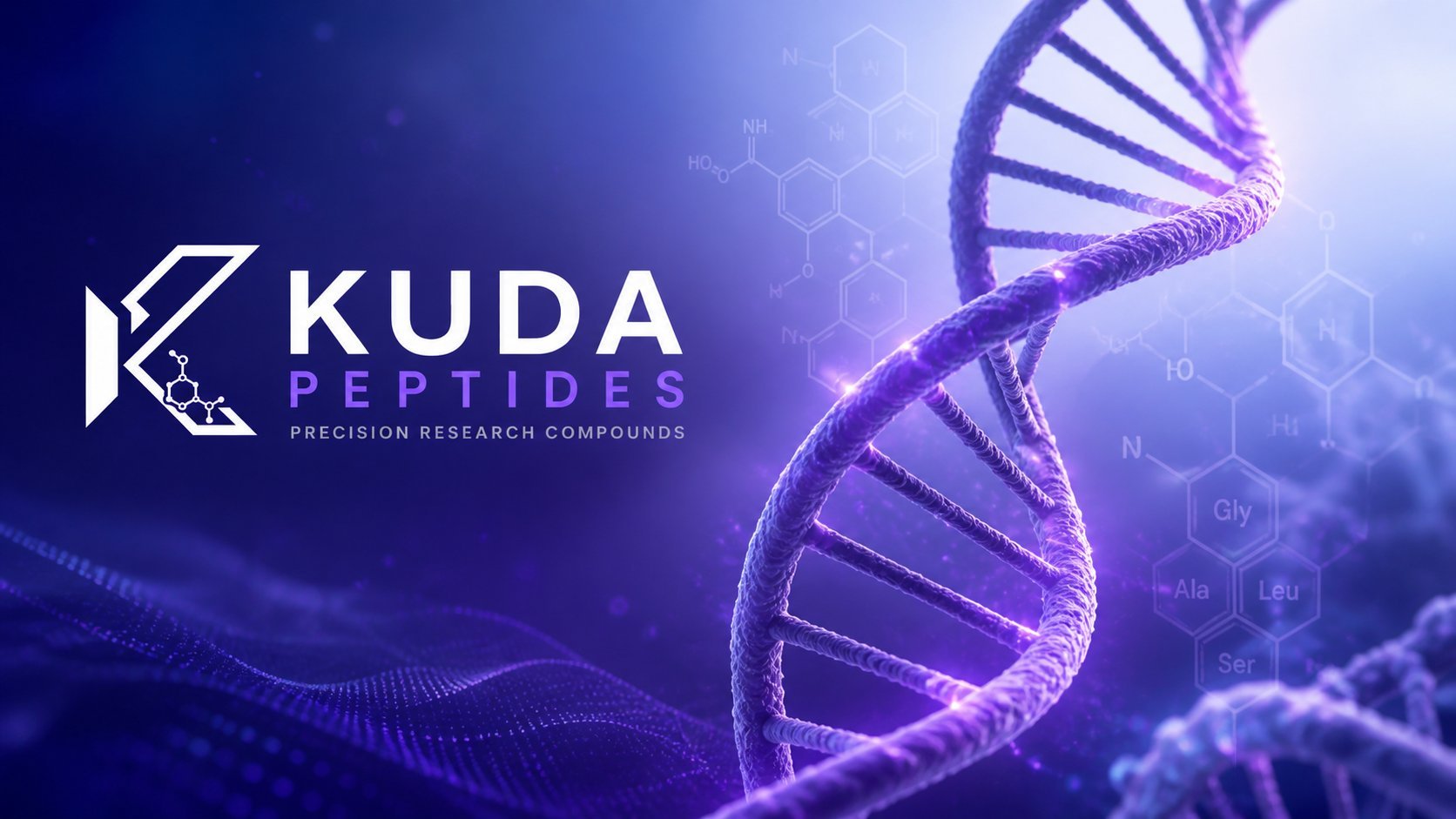 KUDA Peptides logo with a purple DNA helix and molecular structure on a blue scientific background