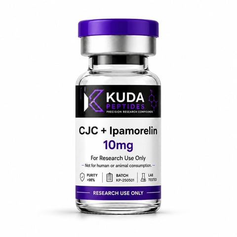 Kuda Peptides vial of CJC + Ipamorelin 10mg research compound with purple cap, labeled for research use only