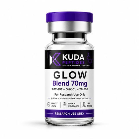 KUDA Peptides GLOW Blend 70mg research vial with purple cap and black label for research use only