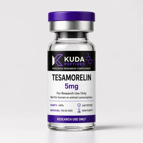 Clear glass vial labeled KUDA PEPTIDES Tesamorelin 5mg with purple cap, marked for research use only