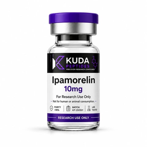 KUDA Peptides Ipamorelin 10mg research vial with purple cap and silver band on white background