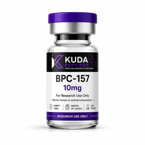 KUDA Peptides BPC-157 10mg research vial with purple cap and label indicating research use only