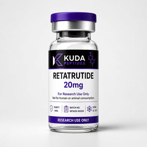 Glass vial of Kuda Peptides Retatrutide 20mg research chemical with purple cap and label