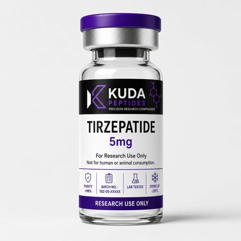 KUDA Peptides Tirzepatide 5mg research vial with purple cap and black label on white background